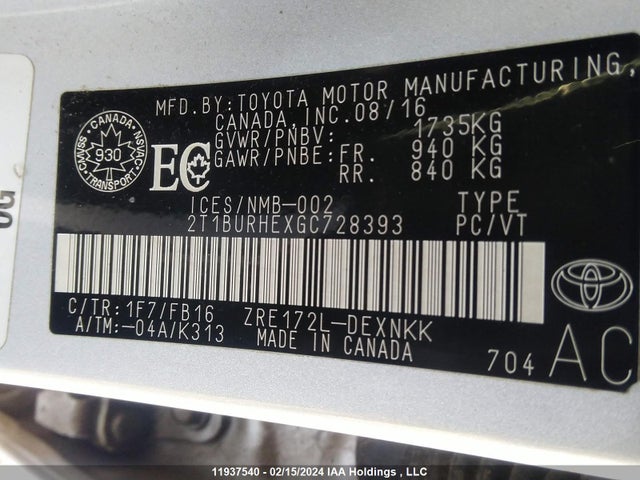 Toyota COROLLA CE/LE/S 2016 2T1BURHEXGC728393 Image 9