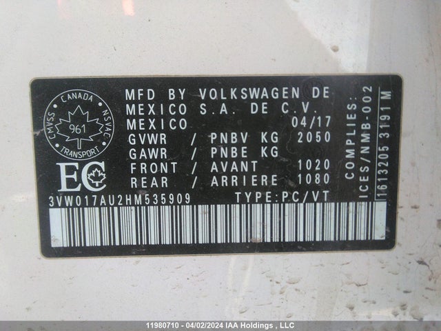 3VW017AU2HM535909 Volkswagen GOLF SPORTWAGEN