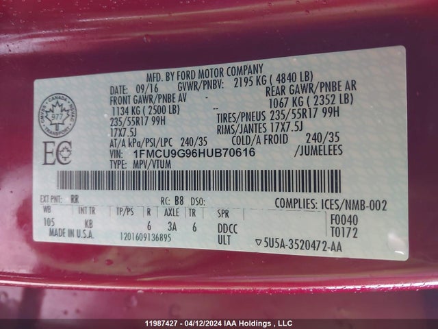 Ford ESCAPE SE 2017 1FMCU9G96HUB70616 Image 9