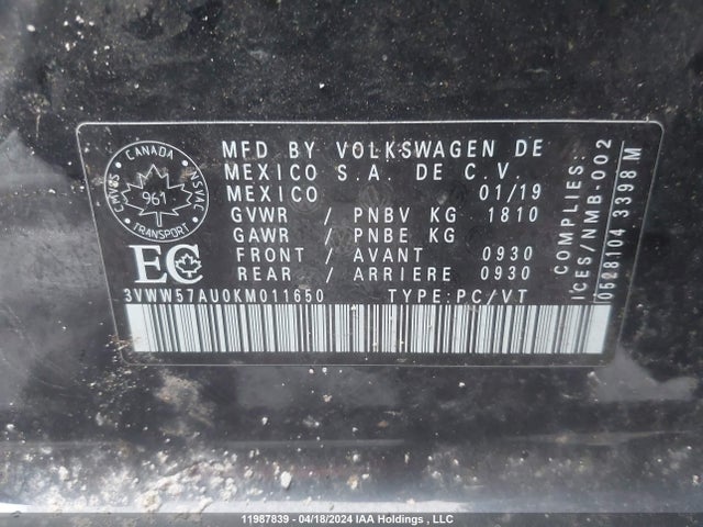 3VWW57AU0KM011650 Volkswagen Golf