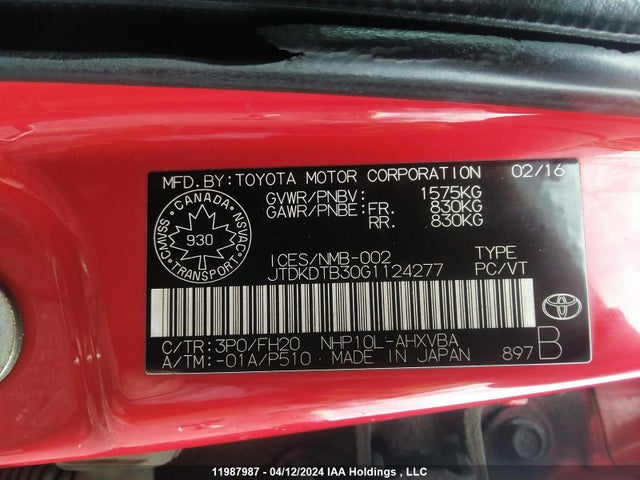 Toyota PRIUS C 2016 JTDKDTB30G1124277 Image 9
