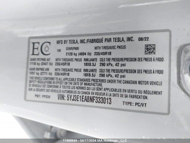 5YJ3E1EA8NF333013 Tesla MODEL 3