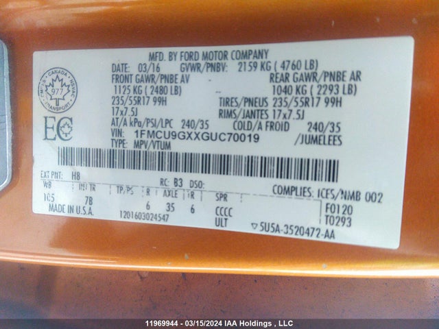 Ford ESCAPE SE 2016 1FMCU9GXXGUC70019 Image 9