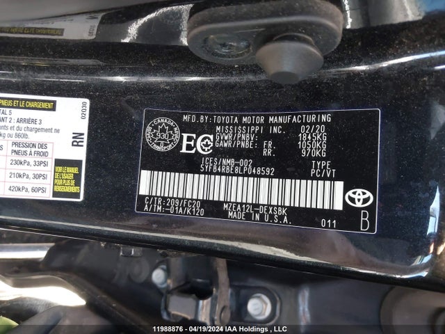 Toyota Corolla Xse 2020 5YFB4RBE8LP048592 Image 9