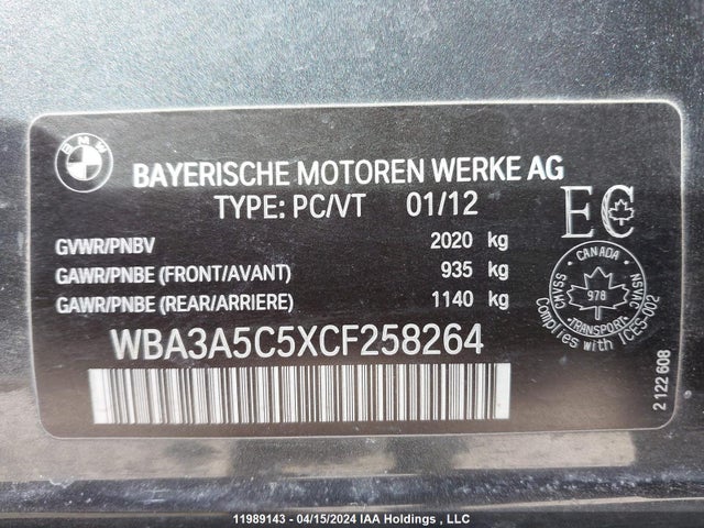 Продажа на аукционе авто 2012 Bmw 3 Series, vin: WBA3A5C5XCF258264, номер лота: 11989143