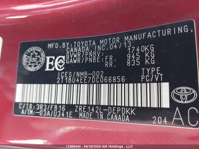2013 Toyota Corolla Ce/le/s მანქანა იყიდება აუქციონზე, vin: 2T1BU4EE7DC066856, აუქციონის ნომერი: 11989444