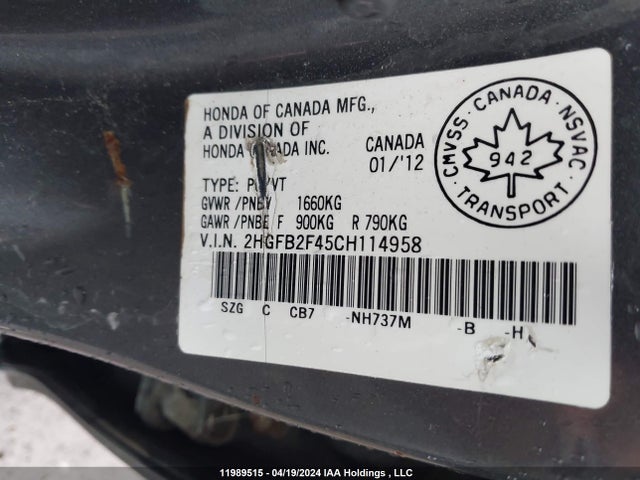 11989515 :رقم المزاد ، 2HGFB2F45CH114958 vin ، 2012 Honda Civic Sdn مزاد بيع