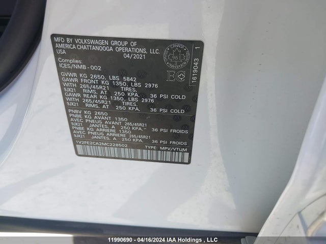 1V2FE2CA2MC228502 Volkswagen Atlas Cross Sport Sel Premium R-line