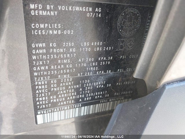 WVGJV7AX1FW517805 Volkswagen Tiguan