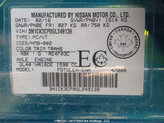 3N1CK3CP0GL249139 Nissan Micra