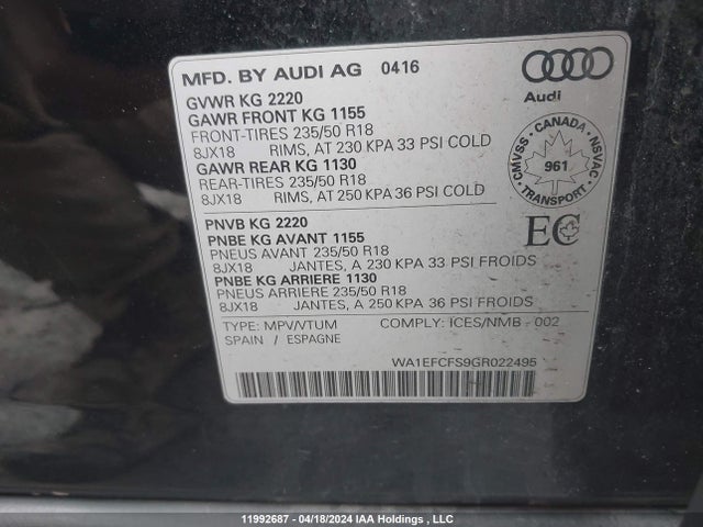 WA1EFCFS9GR022495 Audi Q3 4p Ti