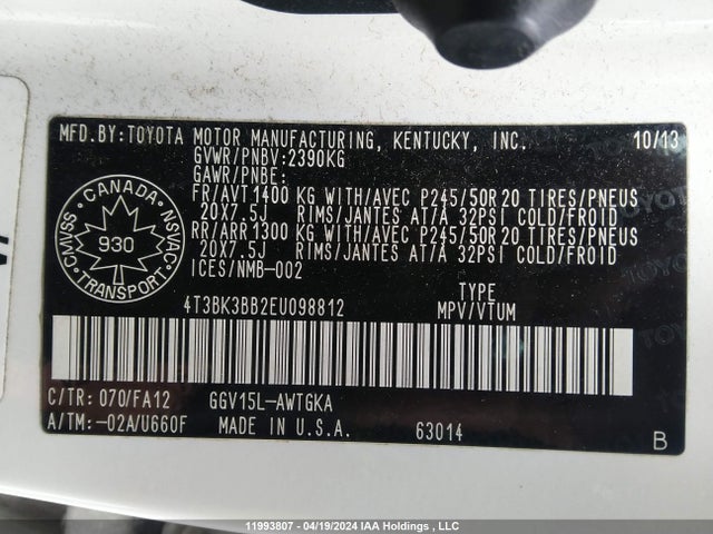Toyota Venza Base V6 2014 4T3BK3BB2EU098812 Image 9