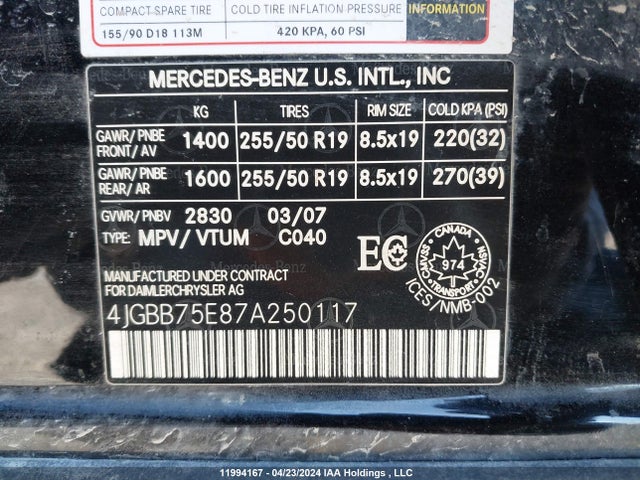 Aukcja sprzedaży 2007 Mercedes-benz M-class, vin: 4JGBB75E87A250117, numer aukcji: 11994167