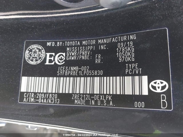 Toyota COROLLA LE 2020 5YFBPRBE1LP055830 Image 9