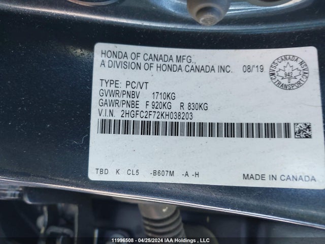 Honda CIVIC EX 2019 2HGFC2F72KH038203 Image 9