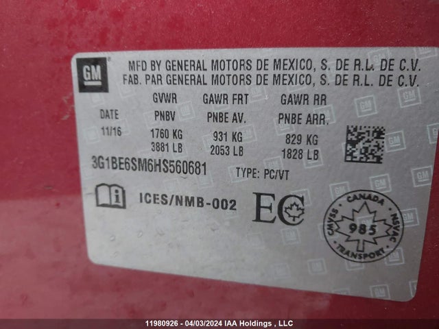 Chevrolet Cruze 2017 3G1BE6SM6HS560681 Image 9