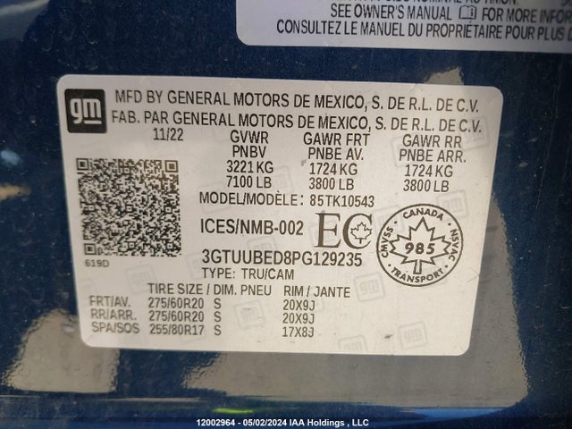3GTUUBED8PG129235 GMC Sierra K1500 Sle