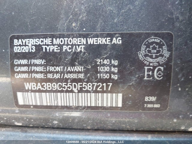 12009558 :رقم المزاد ، WBA3B9C55DF587217 vin ، 2013 Bmw 335i X-drive مزاد بيع