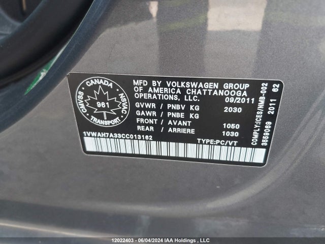 Aukcja sprzedaży 2012 Volkswagen Passat, vin: 1VWAH7A33CC013162, numer aukcji: 12022403