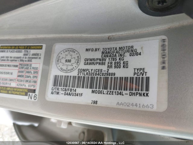2004 Toyota Corolla Matrix Xr მანქანა იყიდება აუქციონზე, vin: 2T1LR32E84C829889, აუქციონის ნომერი: 12030567