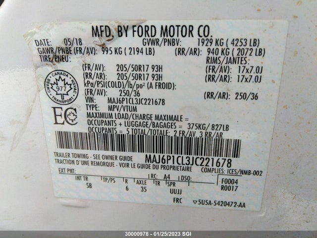 Продаж на аукціоні авто 2018 Ford Ecosport Ses, vin: MAJ6P1CL3JC221678, номер лоту: 30000978