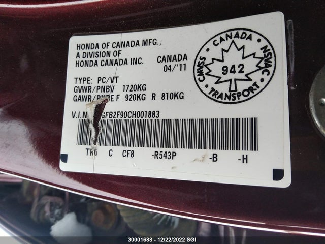 Продаж на аукціоні авто 2012 Honda Civic Exl, vin: 2HGFB2F90CH001883, номер лоту: 30001688