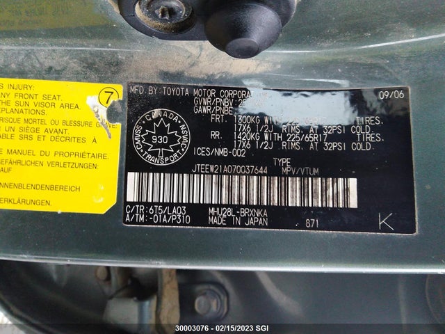 Toyota HIGHLANDER HYBRID 2007 JTEEW21A070037644 Image 10