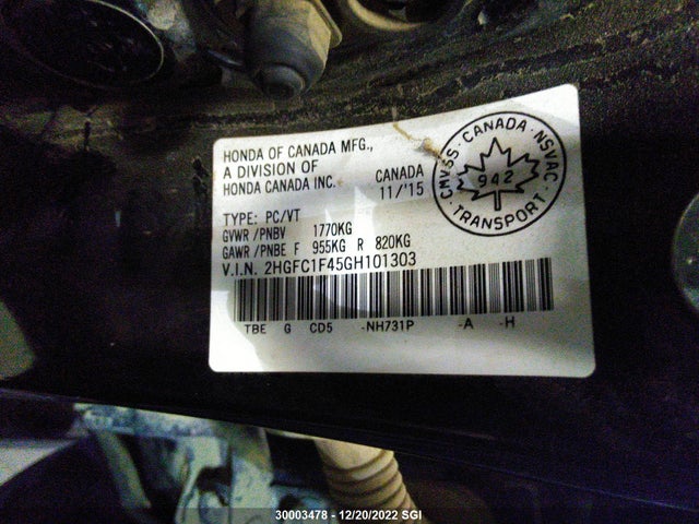 Продажа на аукционе авто 2016 Honda Civic Ex, vin: 2HGFC1F45GH101303, номер лота: 30003478