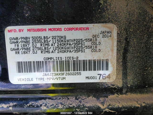 JA4JZ3AX9FZ602255 Mitsubishi Outlander Se