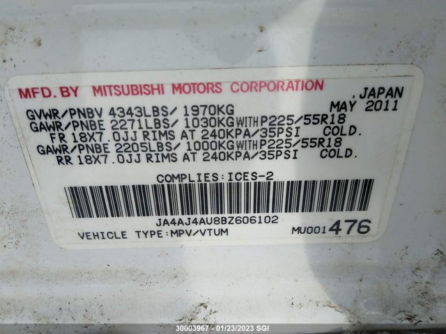 JA4AJ4AU8BZ606102 Mitsubishi Rvr Gt