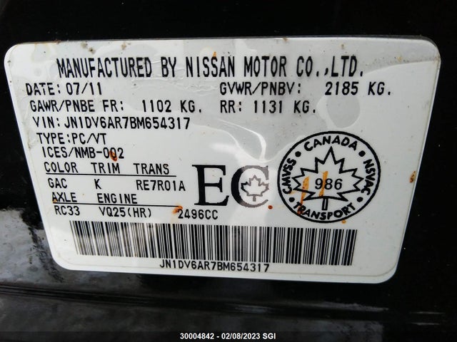 30004842 :رقم المزاد ، JN1DV6AR7BM654317 vin ، 2011 Infiniti G25 مزاد بيع
