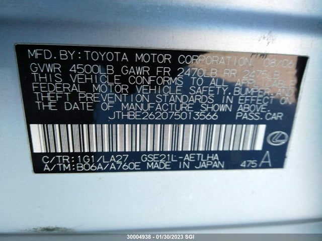 JTHBE262075013566 Lexus IS 350