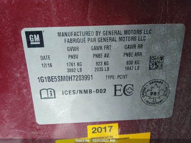 Chevrolet CRUZE LT 2017 1G1BE5SM0H7203991 Image 9