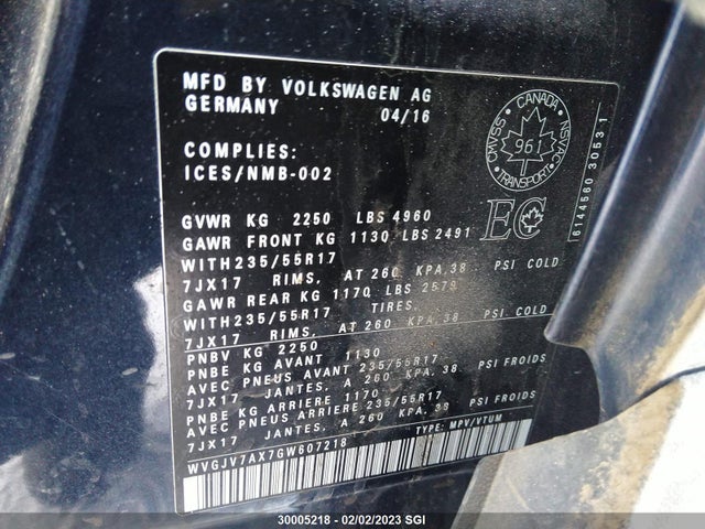 WVGJV7AX7GW607218 Volkswagen Tiguan Comfort/high/r-line/sp Ed