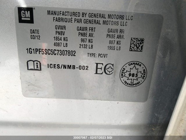 Aukcja sprzedaży 2012 Chevrolet Cruze Lt, vin: 1G1PF5SC5C7307802, numer aukcji: 30007067