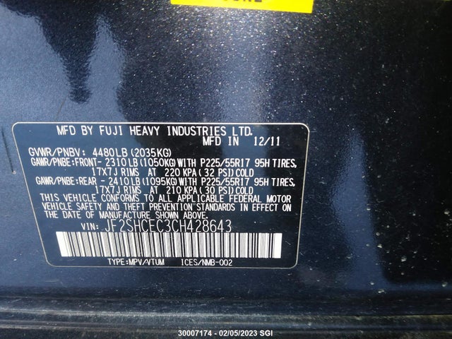 JF2SHCEC3CH428643 Subaru Forester Limited
