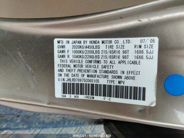 Honda Cr-v Se/ex 2005 JHLRD78975C065105 Image 10