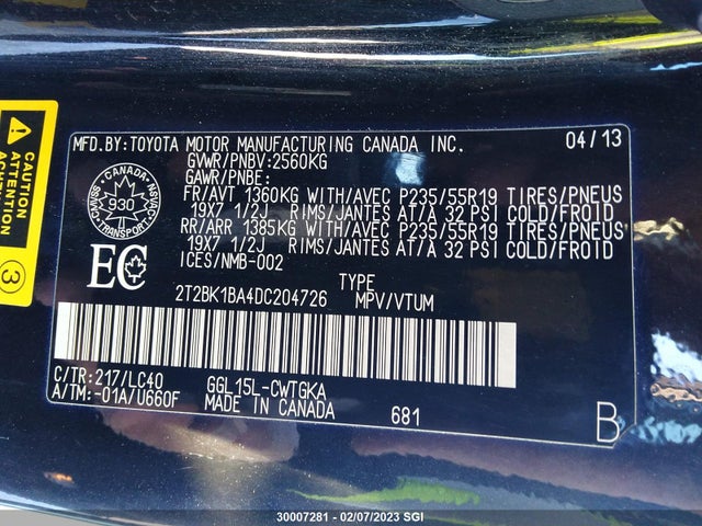 2T2BK1BA4DC204726 Lexus Rx 350/base/f Sport