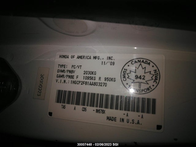 Aukcja sprzedaży 2010 Honda Accord Exl, vin: 1HGCP2F81AA803270, numer aukcji: 30007448