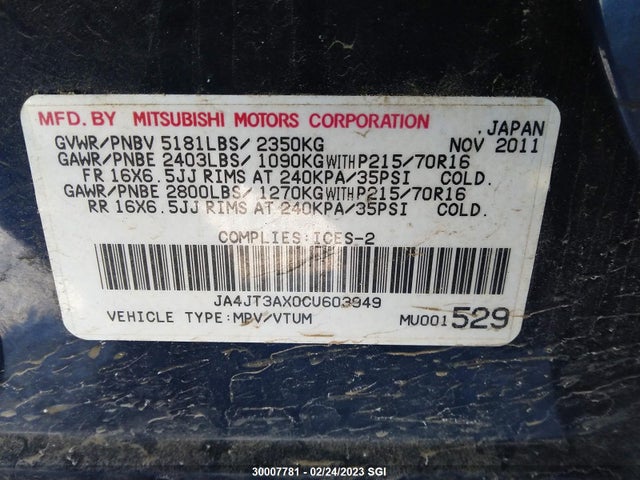 JA4JT3AX0CU603949 Mitsubishi Outlander Se