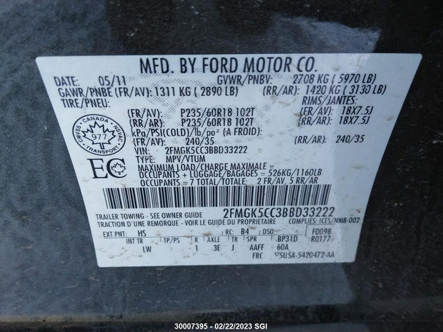 2011 Ford Flex Sel მანქანა იყიდება აუქციონზე, vin: 2FMGK5CC3BBD33222, აუქციონის ნომერი: 30007395