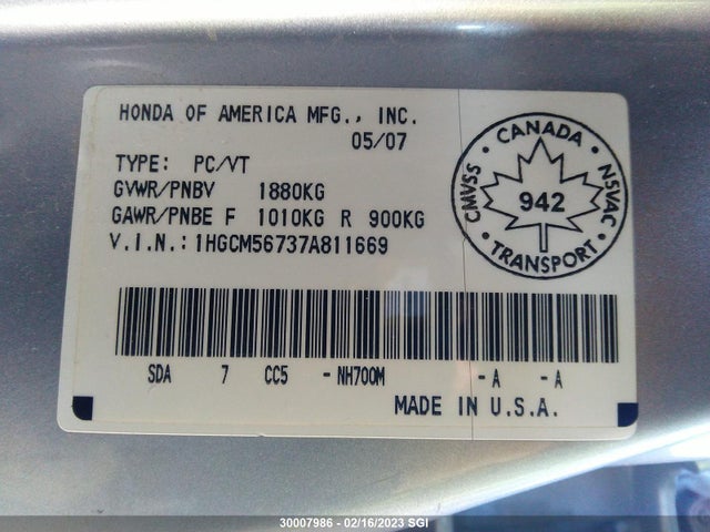 Honda ACCORD EX 2007 1HGCM56737A811669 Image 10