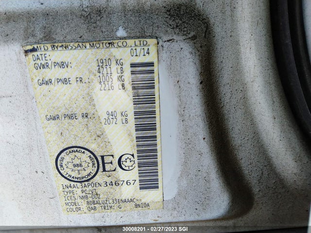 Aukcja sprzedaży 2014 Nissan Altima 2.5/s/sv/sl, vin: 1N4AL3AP0EN346767, numer aukcji: 30008201