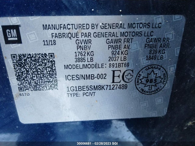Chevrolet CRUZE LT 2019 1G1BE5SM8K7127489 Image 9