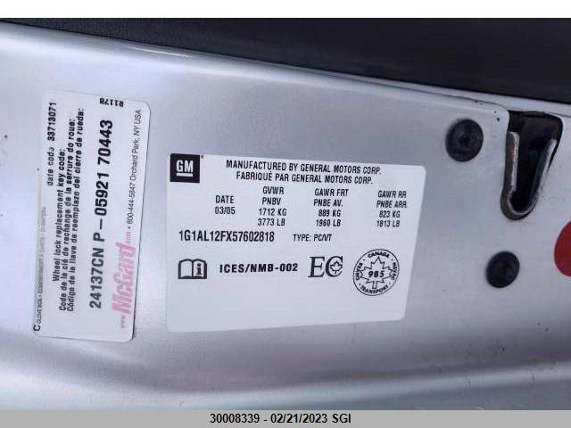 Chevrolet COBALT LS 2005 1G1AL12FX57602818 Image 6