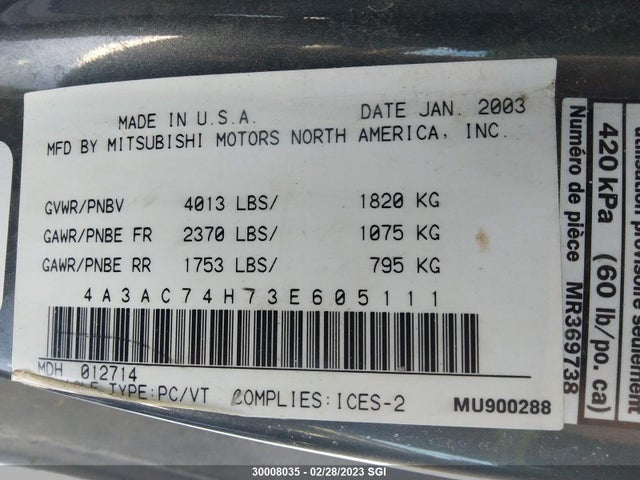 4A3AC74H73E605111 Mitsubishi Eclipse Gts