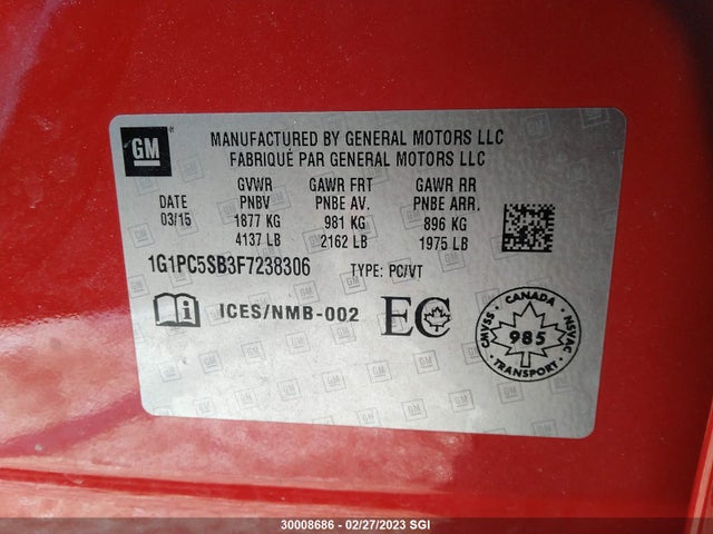 Chevrolet CRUZE LT 2015 1G1PC5SB3F7238306 Image 9