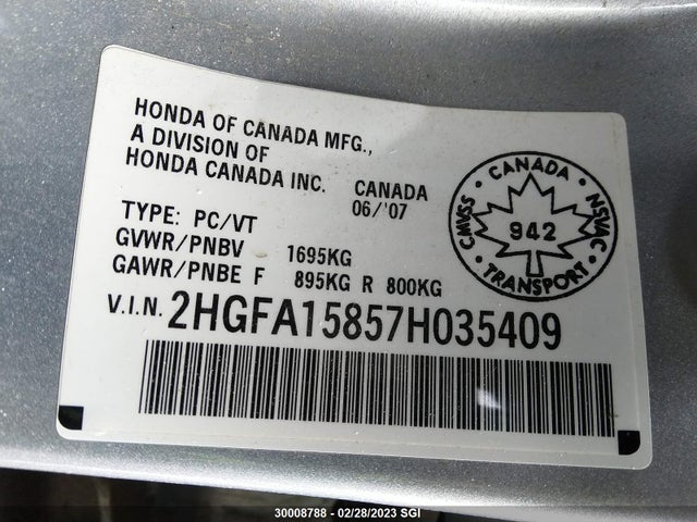 Honda CIVIC EX 2007 2HGFA15857H035409 Image 10