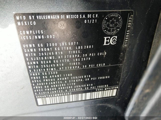 3VV4B7AX3MM059452 Volkswagen Tiguan Sel Premium R-line