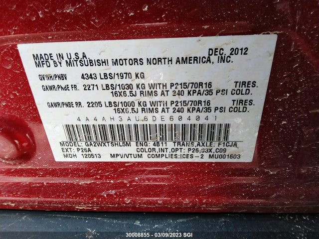 4A4AH3AU6DE604041 Mitsubishi RVR SE